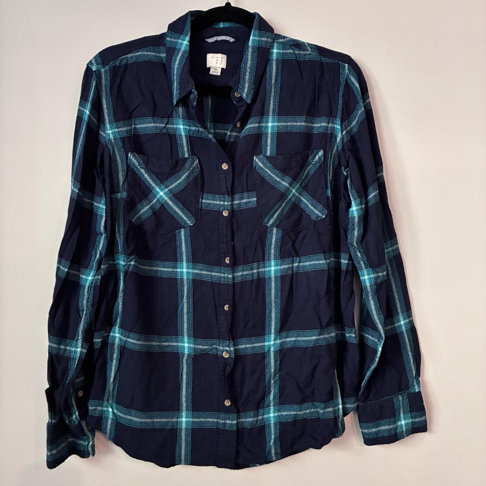 a new day Navy and Teal Plaid Button Down Shirt